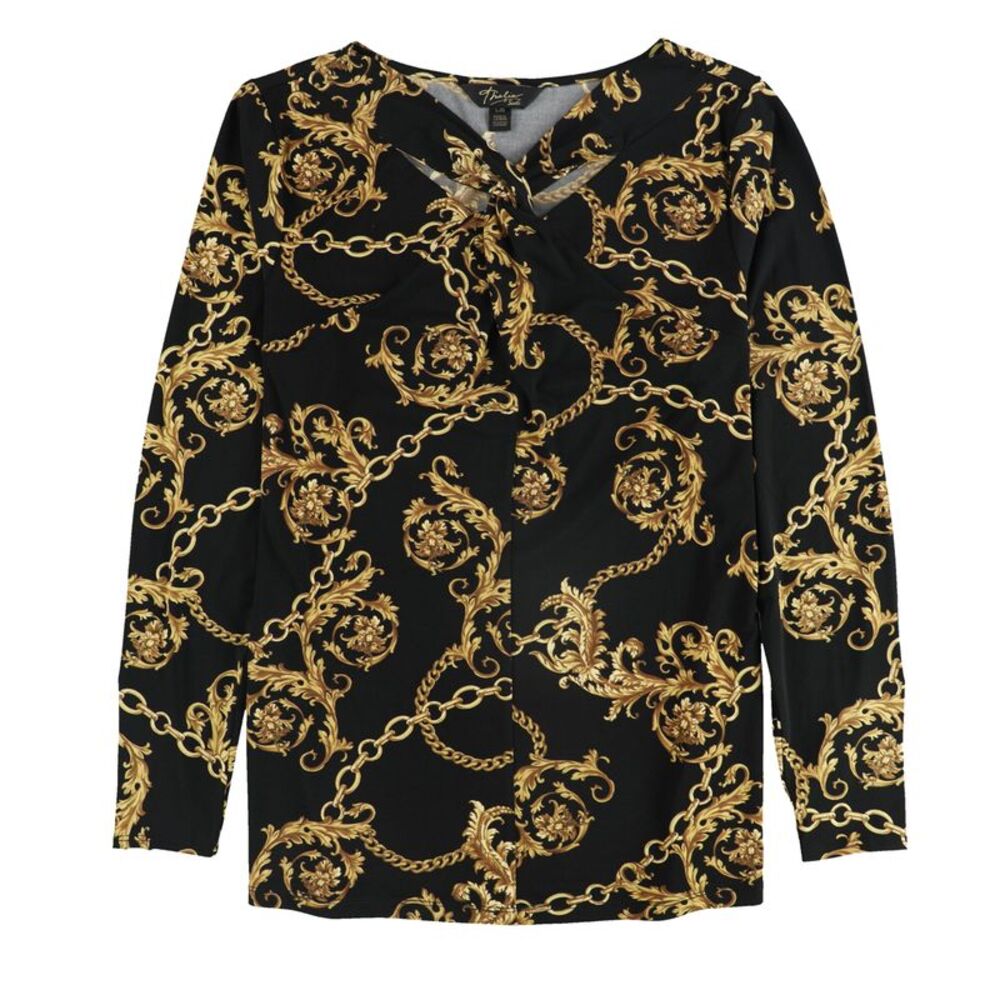Thalia Sodi Womens Twist Front Graphic Pullover Blouse, Black, NWT